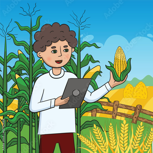 A young farmer stands in the middle of a field with a tablet in one hand and a corn in the other. Cartoon vector illustration.