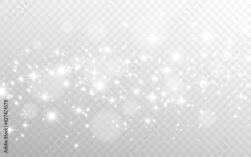 Silver particles. White sparks. Abstract glitter with stars. Magic bokeh effect. White glowing lights with silver dust. Christmas decoration. Fantasy stardust. Vector illustration