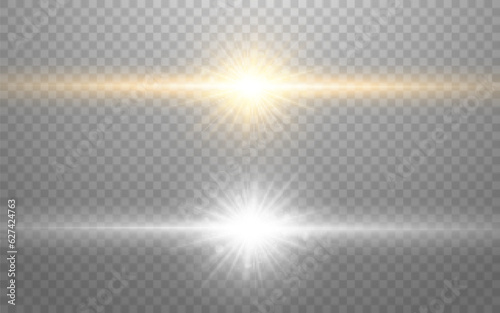 Light lines. Bright flashes set. Gold and silver rays. Glare effect on transparent backdrop. Sun with soft beams. Beautiful stars collection. Vector illustration