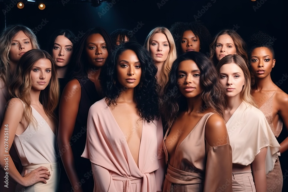 Diverse women standing together, portrait of rich people Diverse women standing together, portrait of rich people