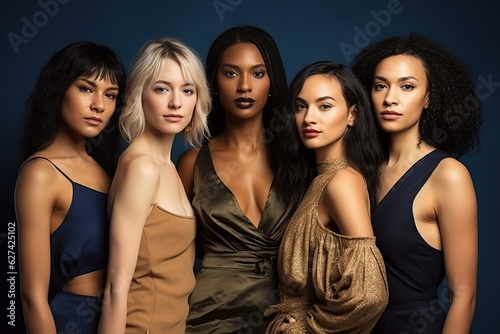 Diverse women standing together, portrait of rich people
