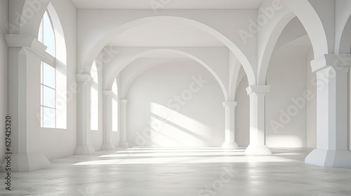 A white Empty room Surreal Minimalistic style morning light copy space, Generative AI