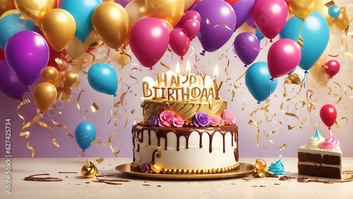 Happy birthday celebration with colorful balloons, candles, chocolate splash background design wallpaper generated by AI