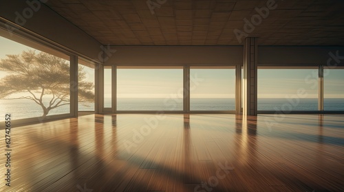 Empty room Mid Century Modern style morning light copy space, Generative AI