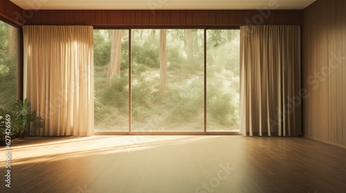 Empty room Mid Century Modern style morning light copy space, Generative AI © kanesuan