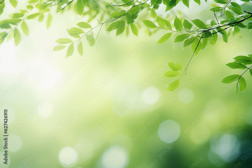 Nature's Panoramic Symphony: Fresh Foliage and Bokeh in Spring-Summer Frame. AI Generated.
