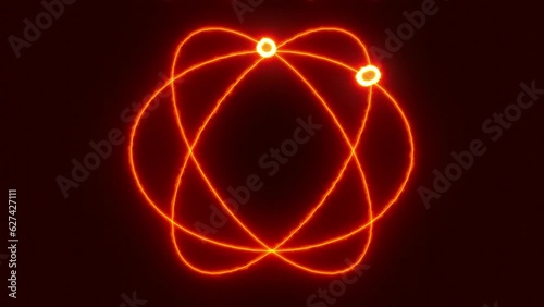 Glowing electrons fly along red trajectories. Seamless loop.