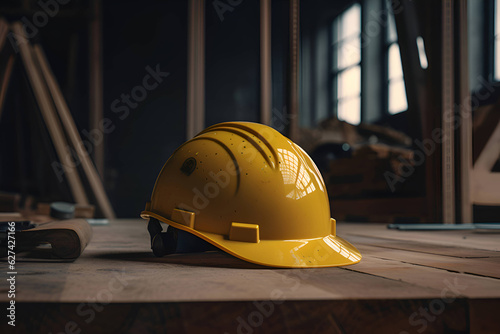 Construction worker's helmet on the wooden floor 1