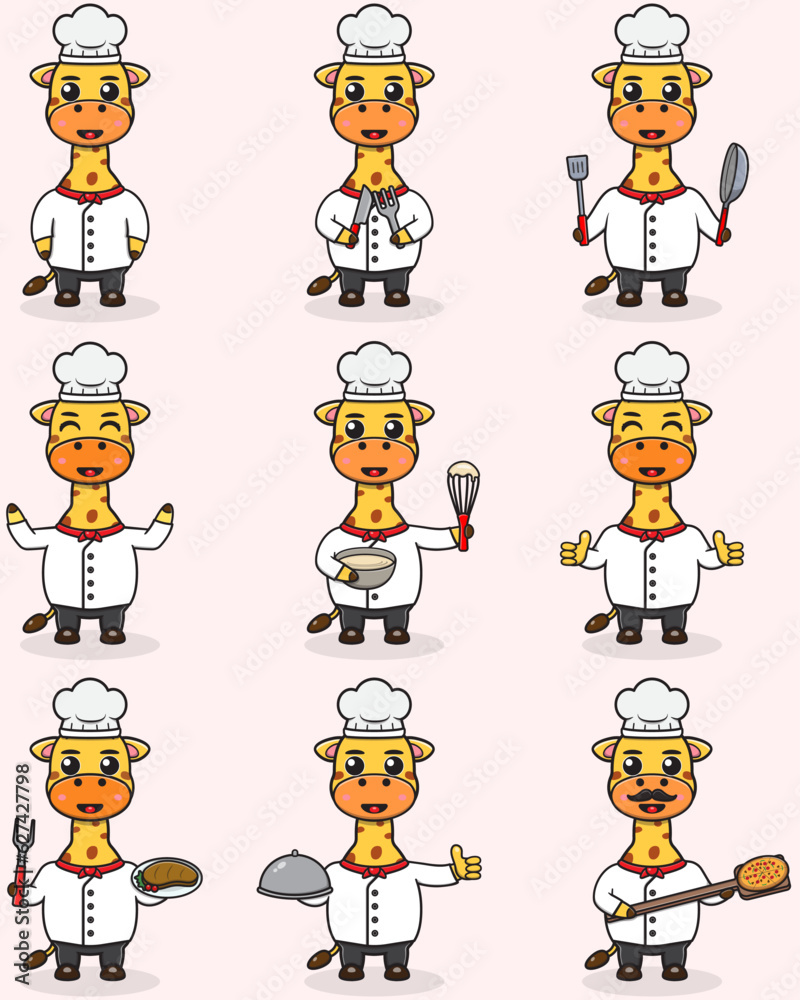 Vector Illustration of Cute Giraffe wearing chef uniform. Flat Cartoon Style. Set of Cute Animal Characters in Chef Uniform. Vector illustration in isolated background Vector Illustration of Cute Giraffe wearing chef uniform. Flat Cartoon Style. Set of Cute Animal Characters in Chef Uniform. Vector illustration in isolated background