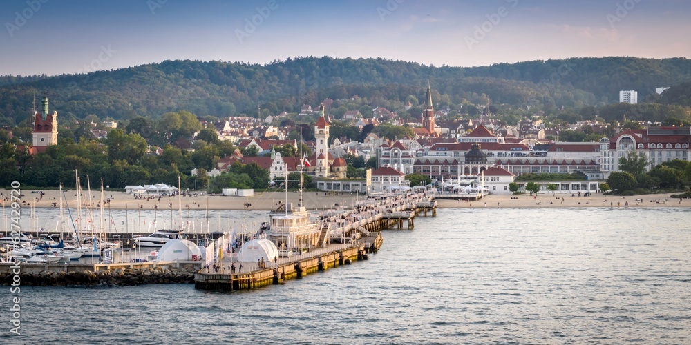 Skyline of Sopot, Poland, telephoto lens, shot at sunset.