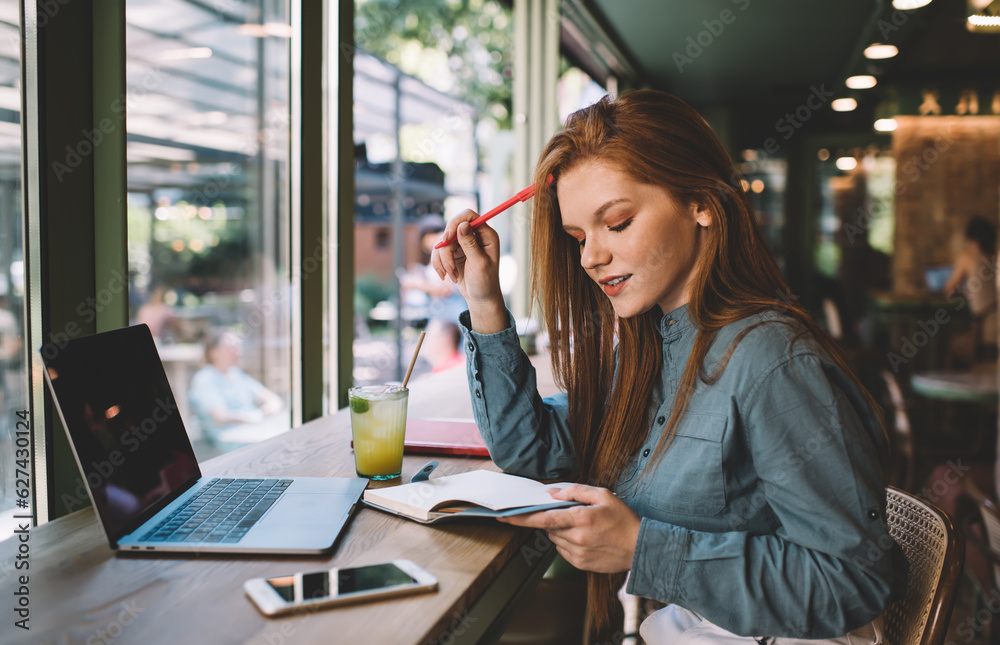 Fototapeta premium Focused woman sitting with notebook and pen in cafe