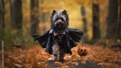 Dog in Halloween costume in the woods. © MP Studio