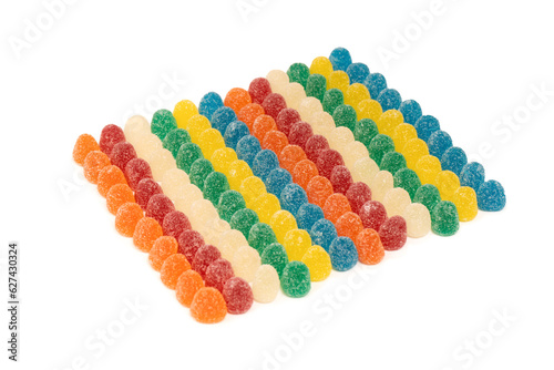 Assorted colorful gummy candies isolated on a white background.