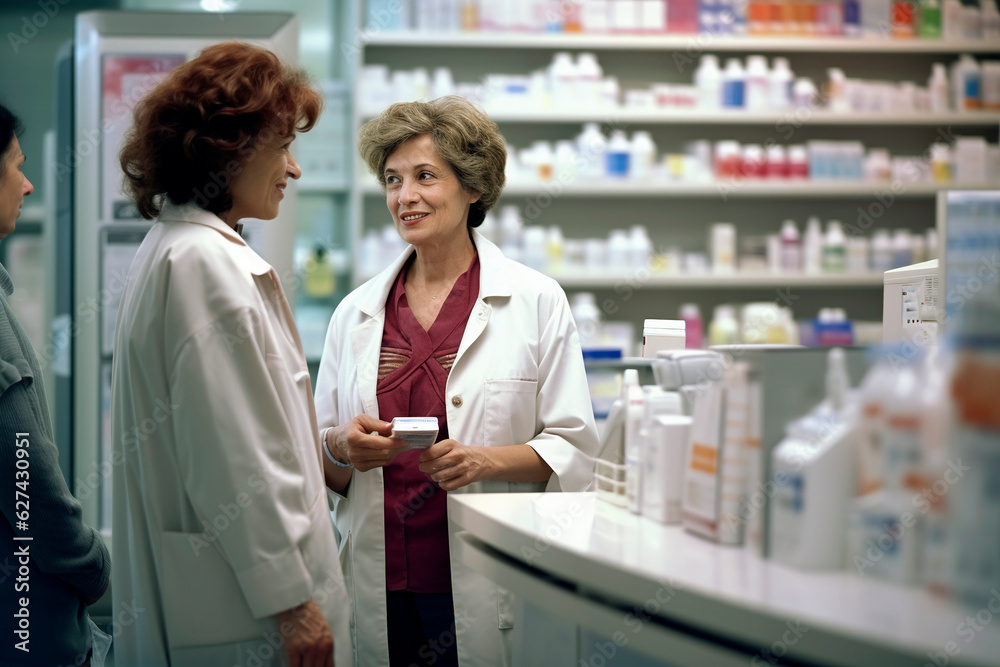 Generative AI illustration of people buying medicines in a big pharmacy Generative AI illustration of people buying medicines in a big pharmacy