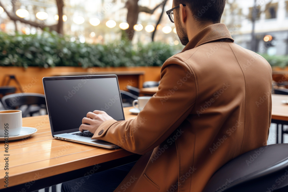 Generative AI illustration of a man from behind working with a laptop with a mockup style screen Generative AI illustration of a man from behind working with a laptop with a mockup style screen