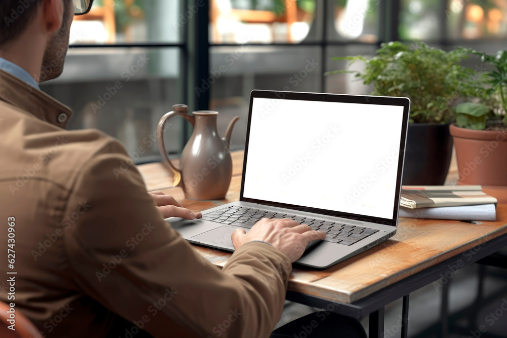 Generative AI illustration of a man from behind working with a laptop with a mockup style screen Generative AI illustration of a man from behind working with a laptop with a mockup style screen