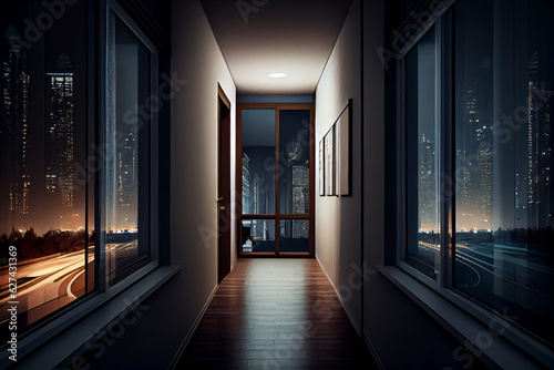 Hallway interior with large panoramic windows and night metropolis city view. Part of an office or a corridor in a residential apartment.