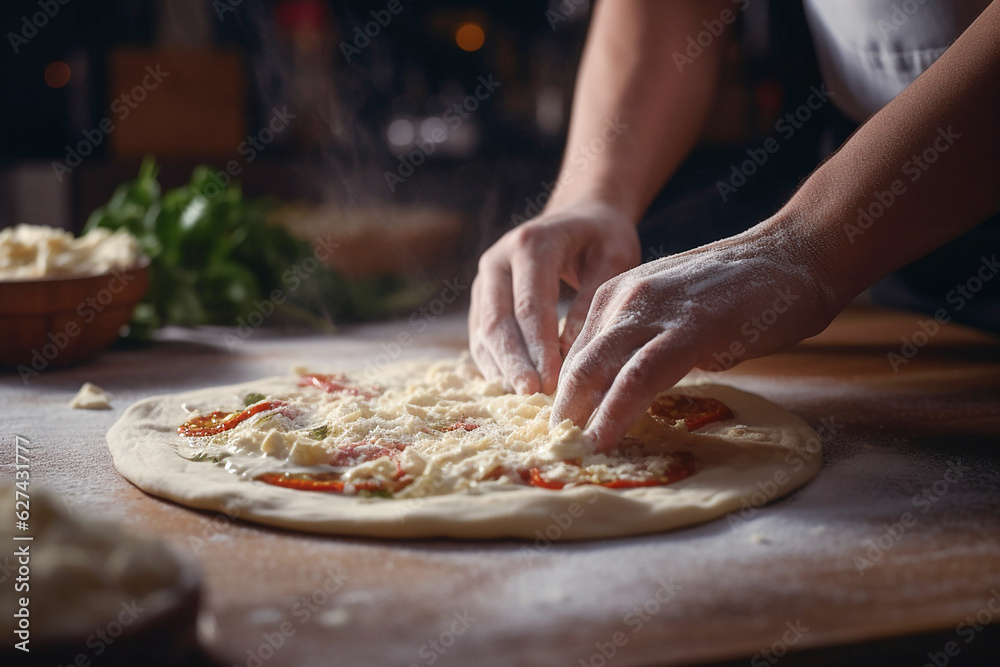 Human hands closeup preparing pizza. Generative AI