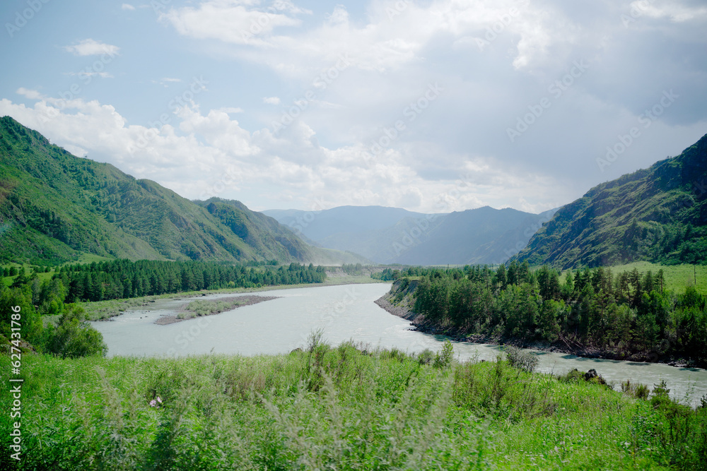 Picturesque landscape of Altai Republic in Siberia. Green grass with trees and lake, mountain and hills under cloudy sky in summer. Concept of tourism and travel to Russia