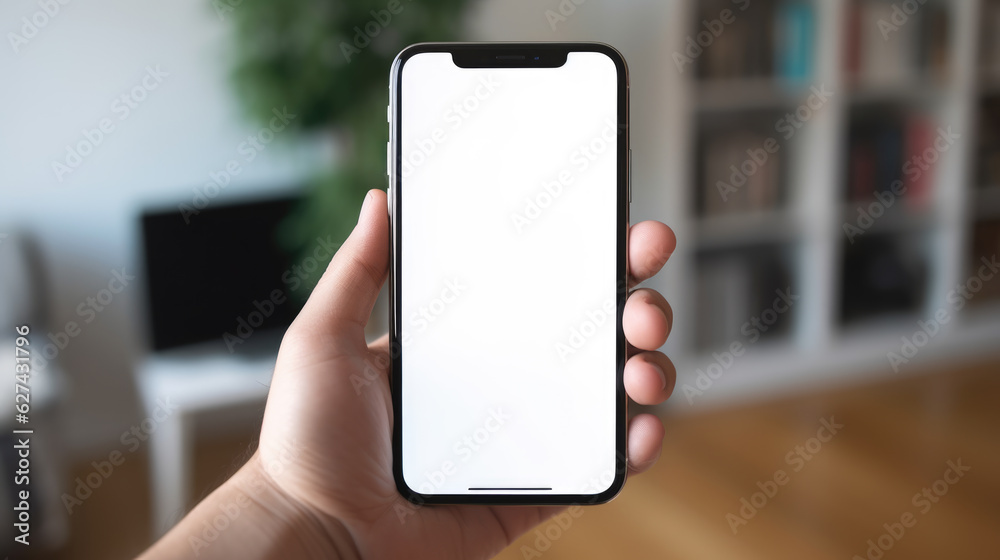 Human hand holds a phone with a blank white screen. Created with Generative AI technology.