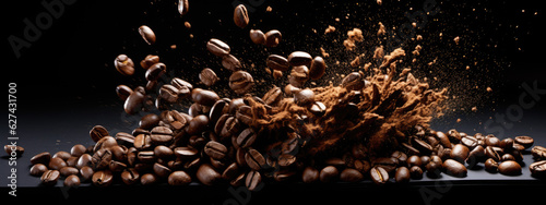 Roasted coffee beans fall on a pile of beans.