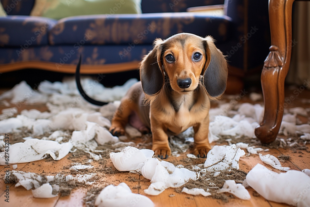 The dachshund puppy tore the pillow, the sofa and sits among the mess.