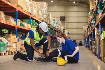 young woman warehouse worker accident leg injury slip and fall ankle sprain friend help support