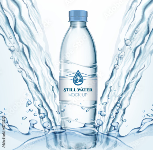 Transparent realistic vector mineral water plastic bottle and realistic vector  water jet steam and splash on light background