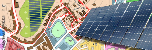 Installation of photovoltaic park on land and urban planning - concept with imaginary Cadastral and General Urban Planning