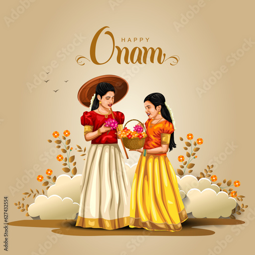 happy Onam celebration with abstract vector illustration design of Kerala girls with basket flower