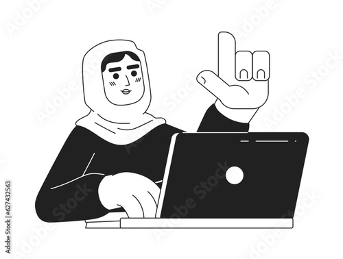 Muslim woman in hijab at workmonochromatic flat vector character. Editable thin line half body worker with computer on white. Simple bw cartoon spot image for web graphic design