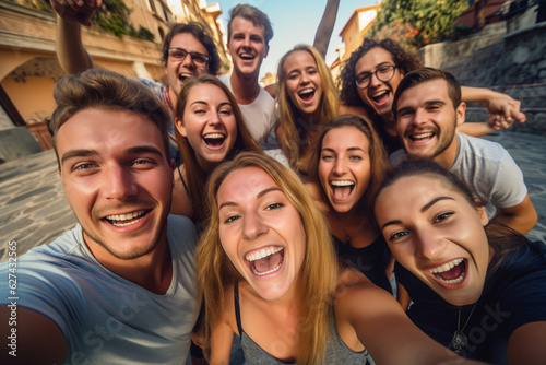 A large multiethnic group of young people take a selfie.