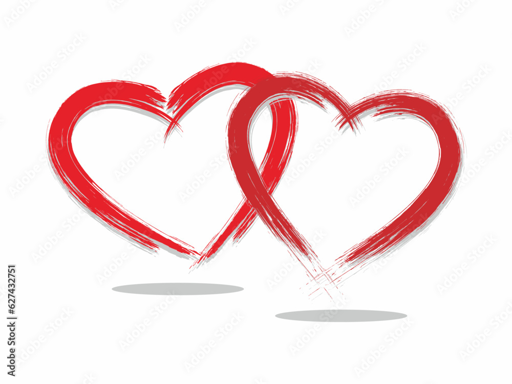 Two linked heart. Hand drawn two red heart with brush stroke effect. Icon for romantic, wedding, couple, and true love.
