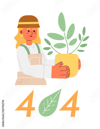 Gardener with houseplant error 404 flash message. Taking care of flower in pot. Empty state ui design. Page not found popup cartoon image. Vector flat illustration concept on white background