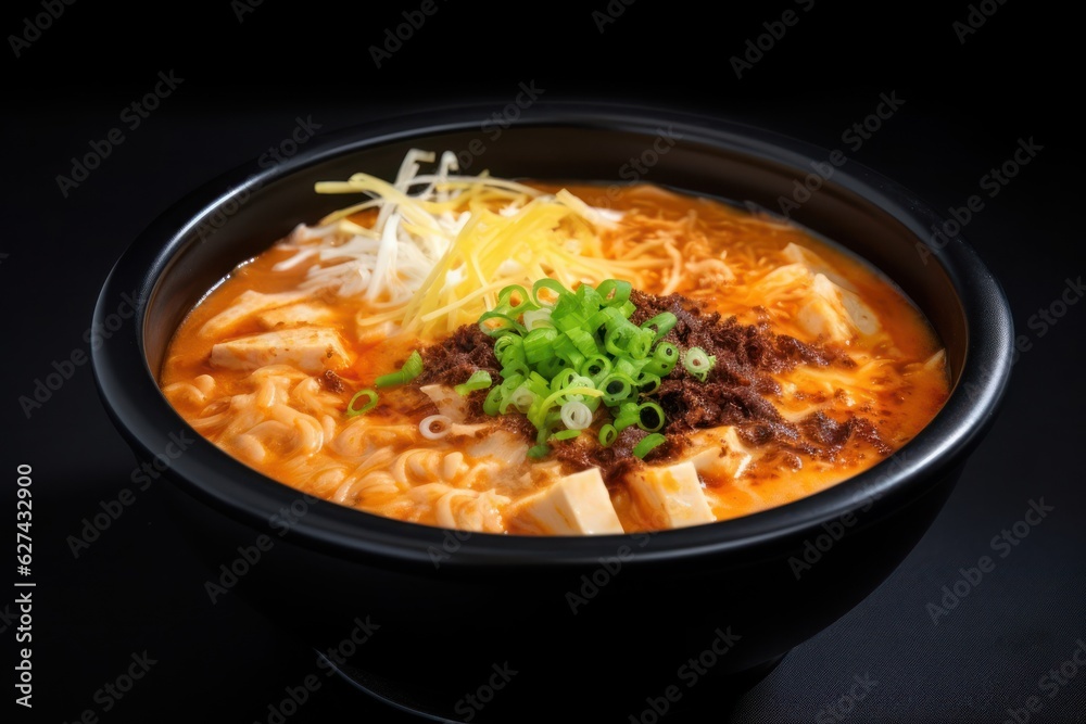 Hot kimchi soup with shredded cheese and shamrock in a black bowl generative ai Hot kimchi soup with shredded cheese and shamrock in a black bowl generative ai