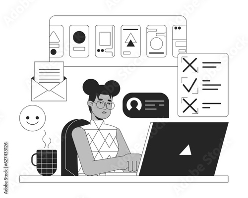 Multitask freelancer bw concept vector spot illustration. Remote work. Busy woman working on laptop 2D cartoon flat line monochromatic character for web UI design. Editable isolated outline hero image