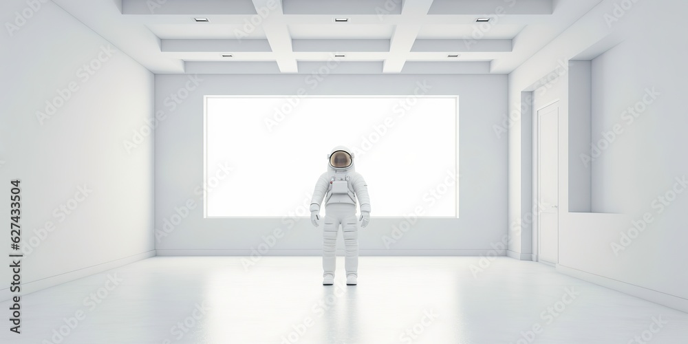 Fototapeta premium AI Generated. AI Generative. Astronaut in white empty room. Minimal space adventures suit view. Graphic Art