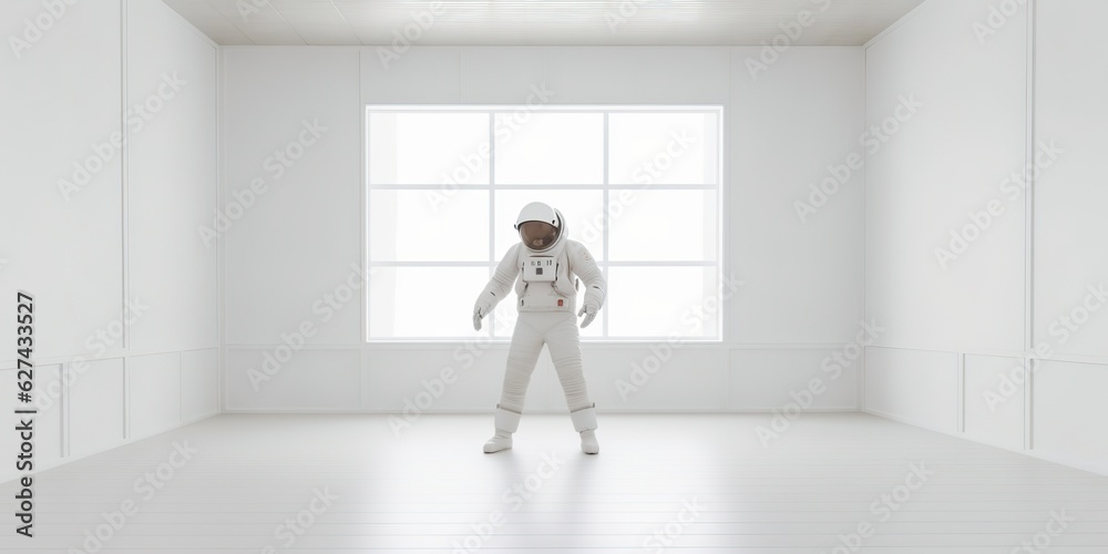 AI Generated. AI Generative. Astronaut in white empty room. Minimal space adventures suit view. AI Generated. AI Generative. Astronaut in white empty room. Minimal space adventures suit view.