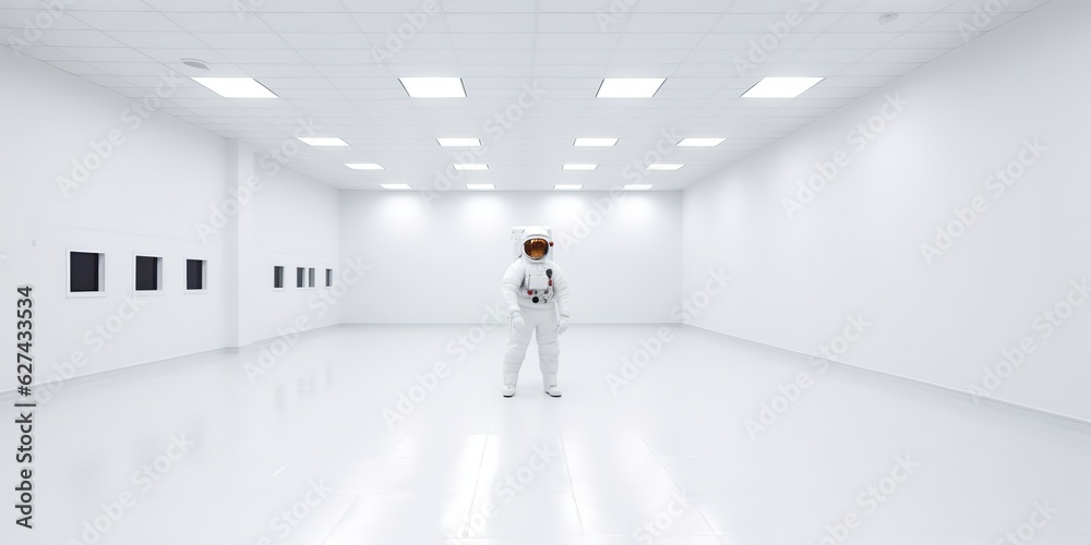 AI Generated. AI Generative. Astronaut in white empty room. Minimal space adventures suit view. 