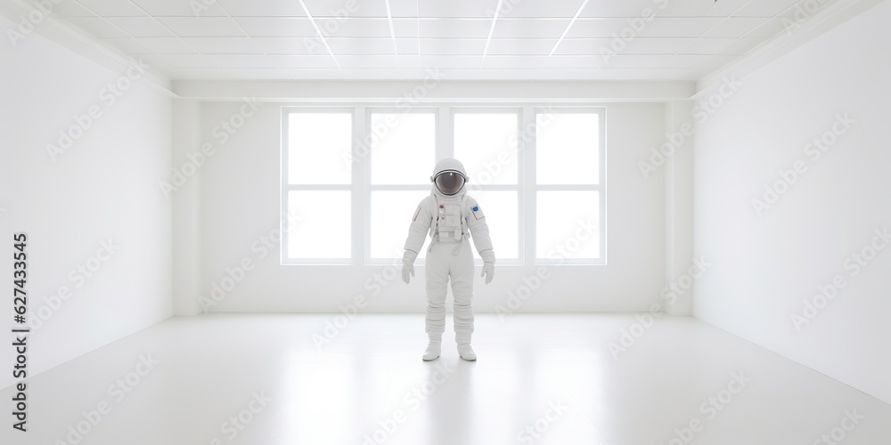 AI Generated. AI Generative. Astronaut in white empty room. Minimal space adventures suit view. AI Generated. AI Generative. Astronaut in white empty room. Minimal space adventures suit view.