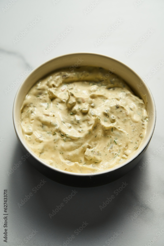 Classic Tartar Sauce dip in the bowl. Mayonnaise with dill and capers plus lemon, shallot onion. Worcester sauce and Dijon Mustard. Classic Tartar Sauce dip in the bowl. Mayonnaise with dill and capers plus lemon, shallot onion. Worcester sauce and Dijon Mustard.