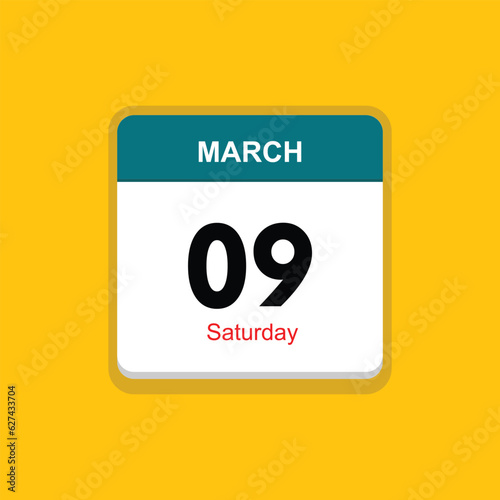 saturday 09 march icon with black background, calender icon