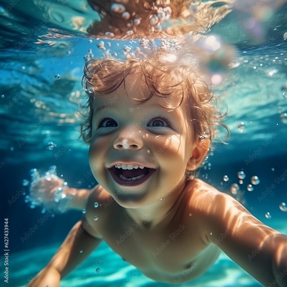 Glückliches Kind, das unter Wasser schwimmt und Spaß hat. Glückliche Kindheit und Sommerferien.