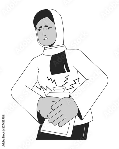 Woman pressing heating pads to belly flat line black white vector character. Editable outline half body lady with cramps on white. Simple cartoon isolated spot illustration for web graphic design