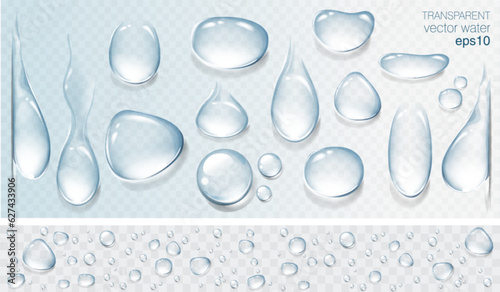 Realistic transparent water drops set. Rain drops on the glass. Isolated vector illustration