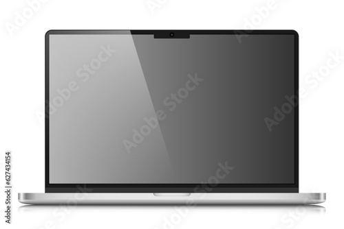 Realistic laptop layout with a silver case. A laptop with an empty gray screen with a glare on a white background. Vector illustration.