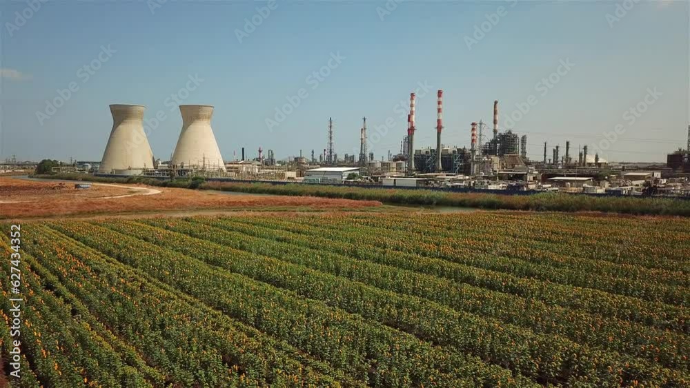Oil Refinery With Sunflower field Aerial view Oil Refinery With Sunflower field Aerial view