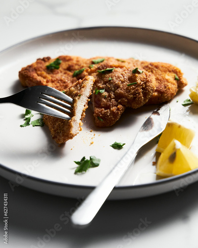 Baked Chicken Schnitzel on white plate with lemon. Rack or grid with baked schnitzel in breadcrumbs on background.  photo