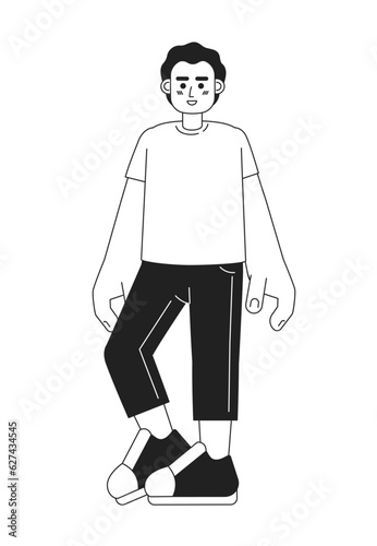 American youngster standing monochromatic flat vector character. Curly hair preteen boy smiling. Editable thin line full body person on white. Simple bw cartoon spot image for web graphic design