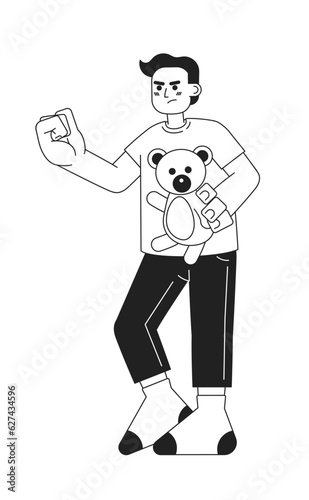 Angry preteen boy with stuffed bear threatening monochromatic flat vector character. Boy stealing toy. Editable thin line full body person on white. Simple bw cartoon spot image for web graphic design